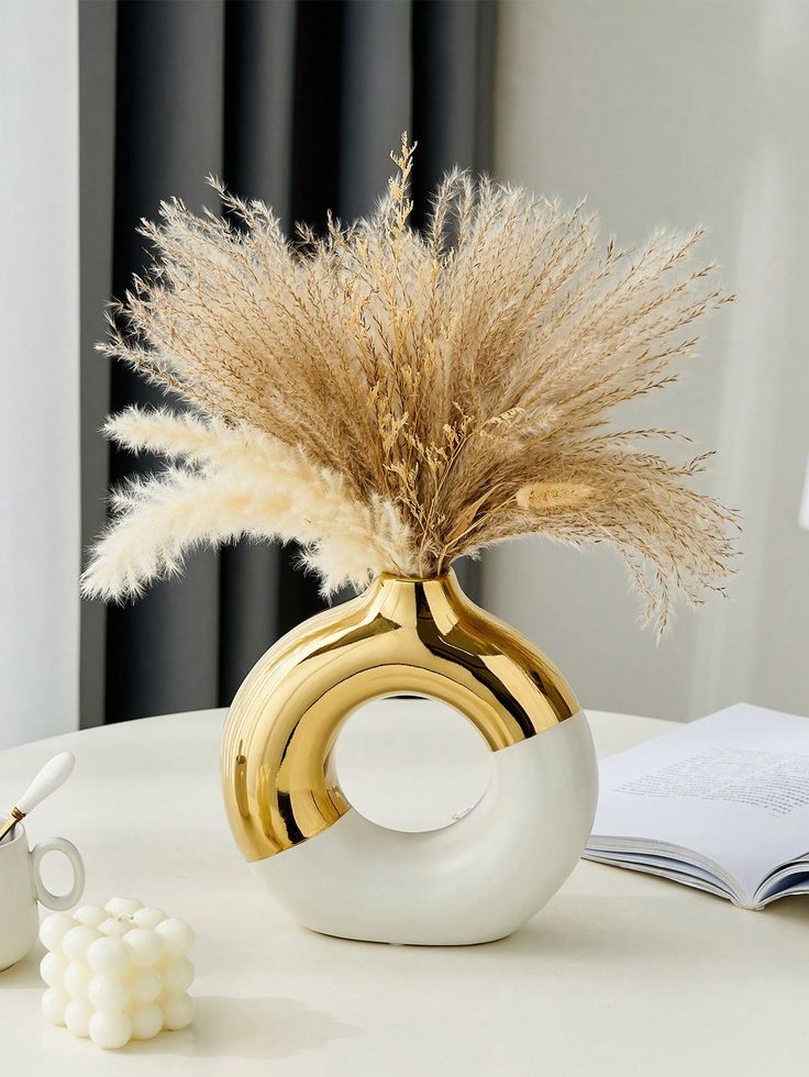 Modern Ceramic Donut Vases in White and Gold