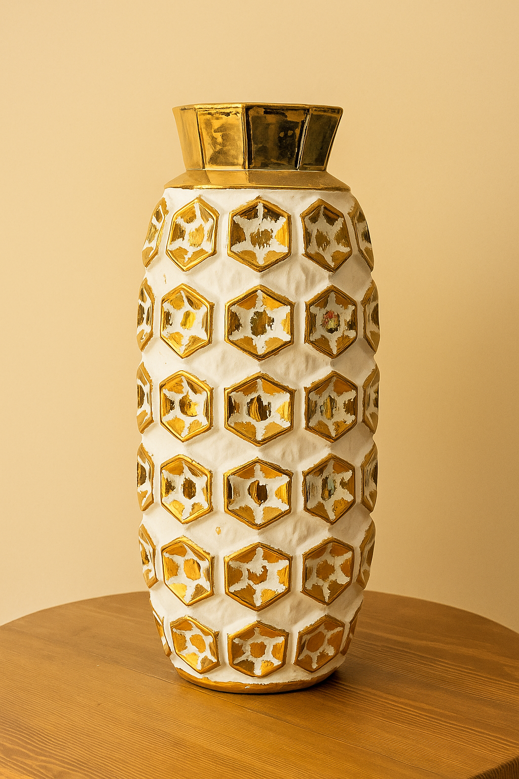 GOLD AND WHITE HEXAGONAL CERAMIC VASE