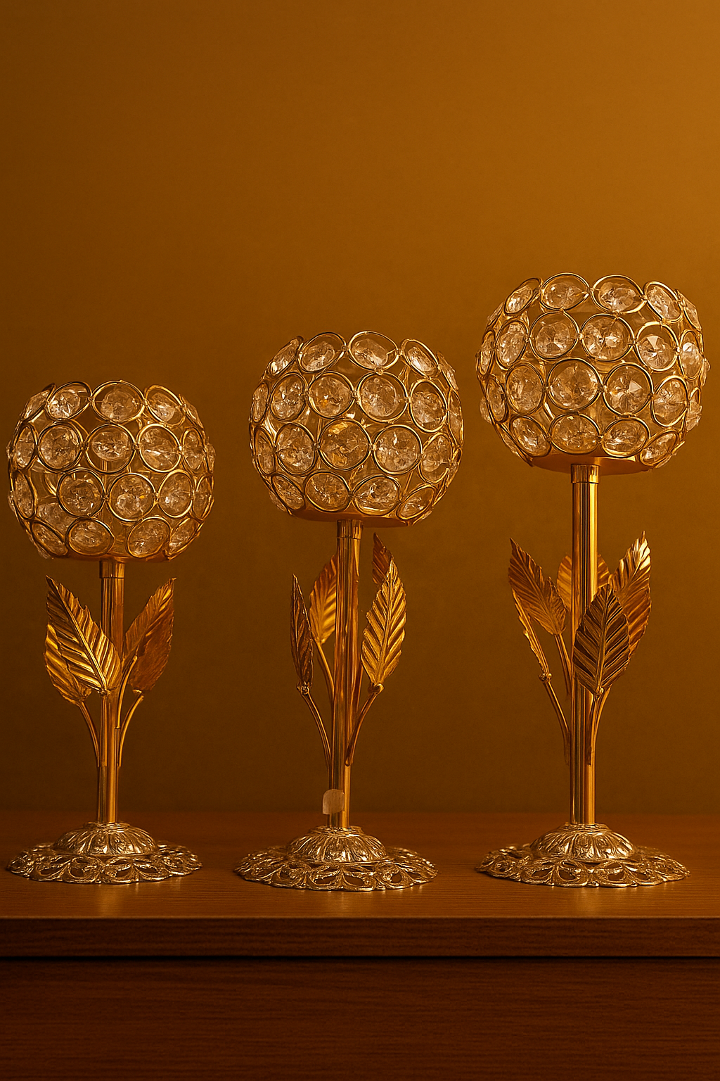 CRYSTAL ROSE BRASS CANDLE HOLDERS COMPLETE SET OF 3