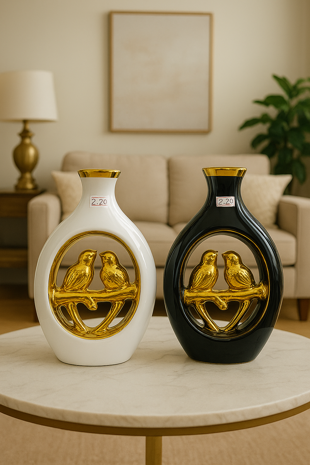 Golden Lovebirds Ceramic Vase SET