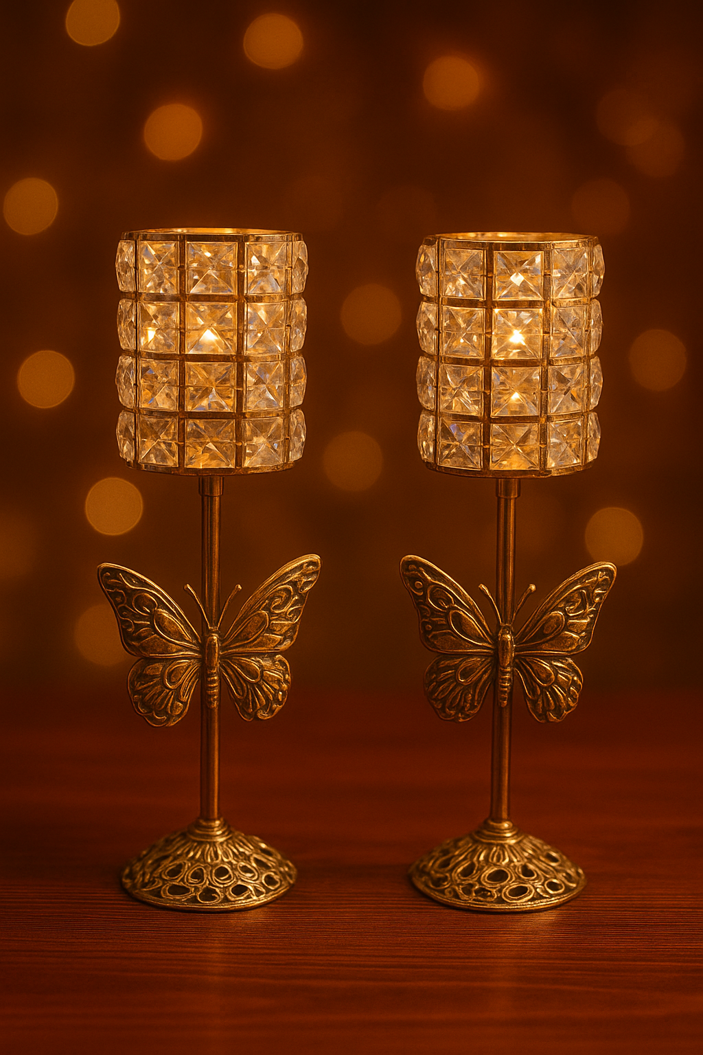 PAIR OF GOLDEN BUTTERFLY AND CRYSTAL PILLAR CANDLE HOLDERS