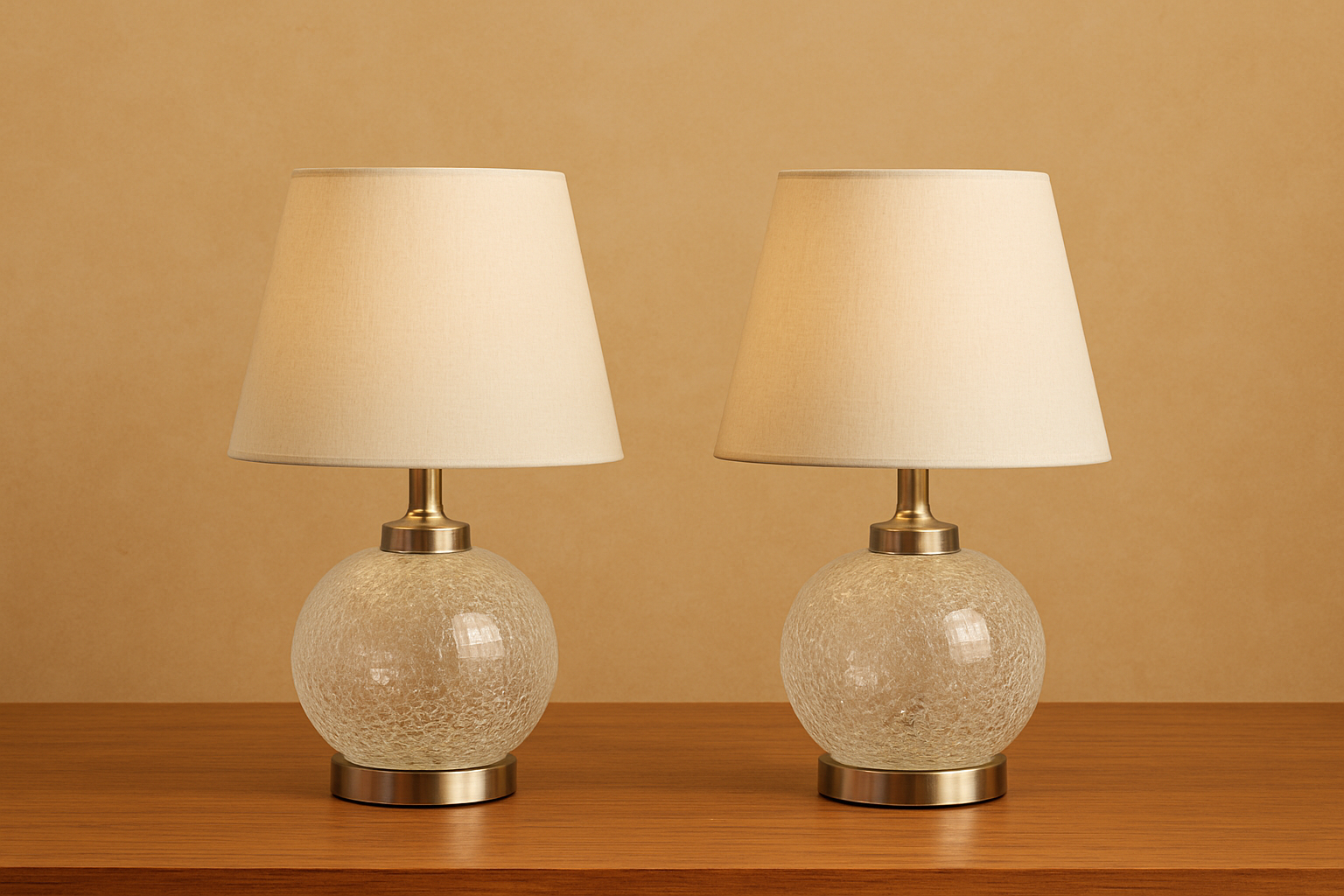 A PAIR OF ELEGANT TEXTURED GLASS TABLE LAMPS WITH FABRIC SHADES