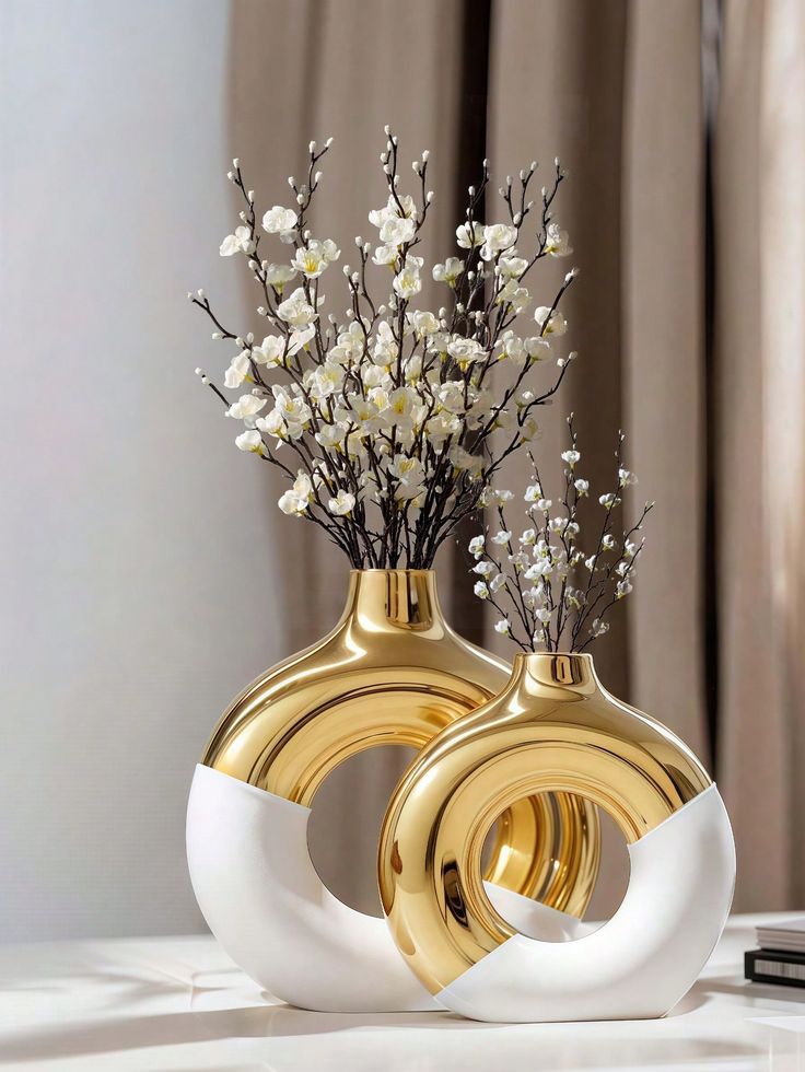 Modern Ceramic Donut Vases in White and Gold