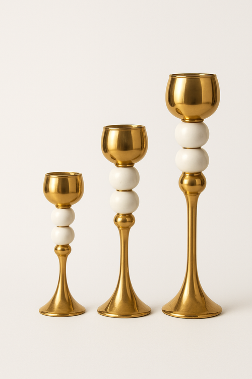 Elegant Gold & Ivory Candle Stand Set – Small, Medium & Large