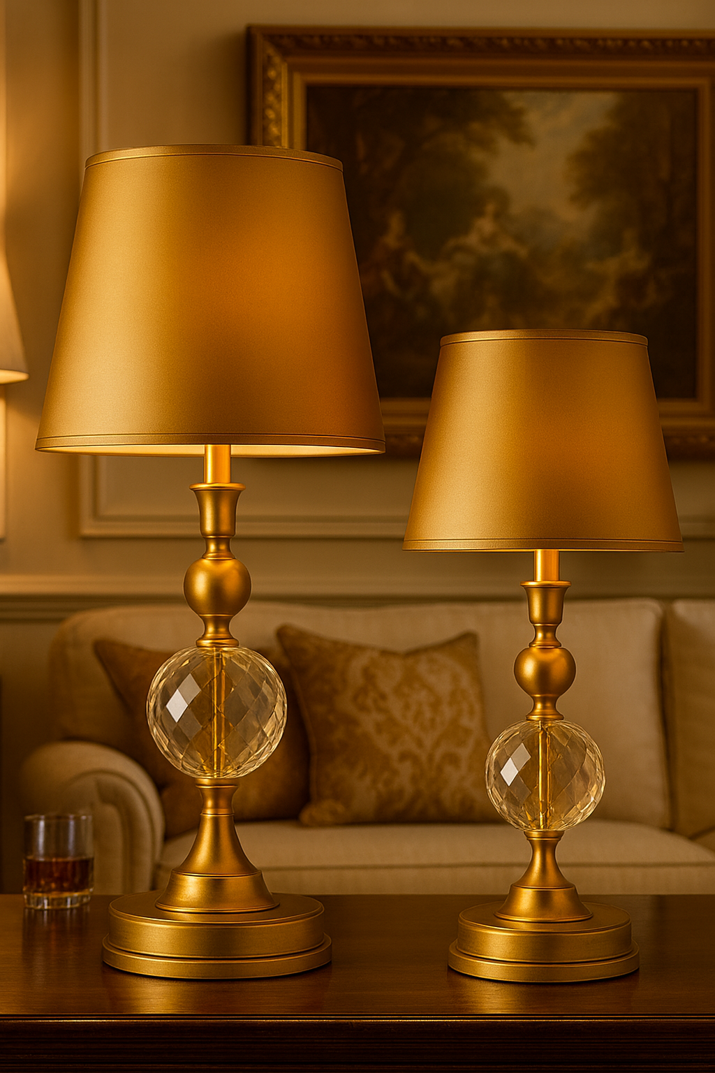 “Opulent Gold Crystal Lamps – Large & Small Pair”