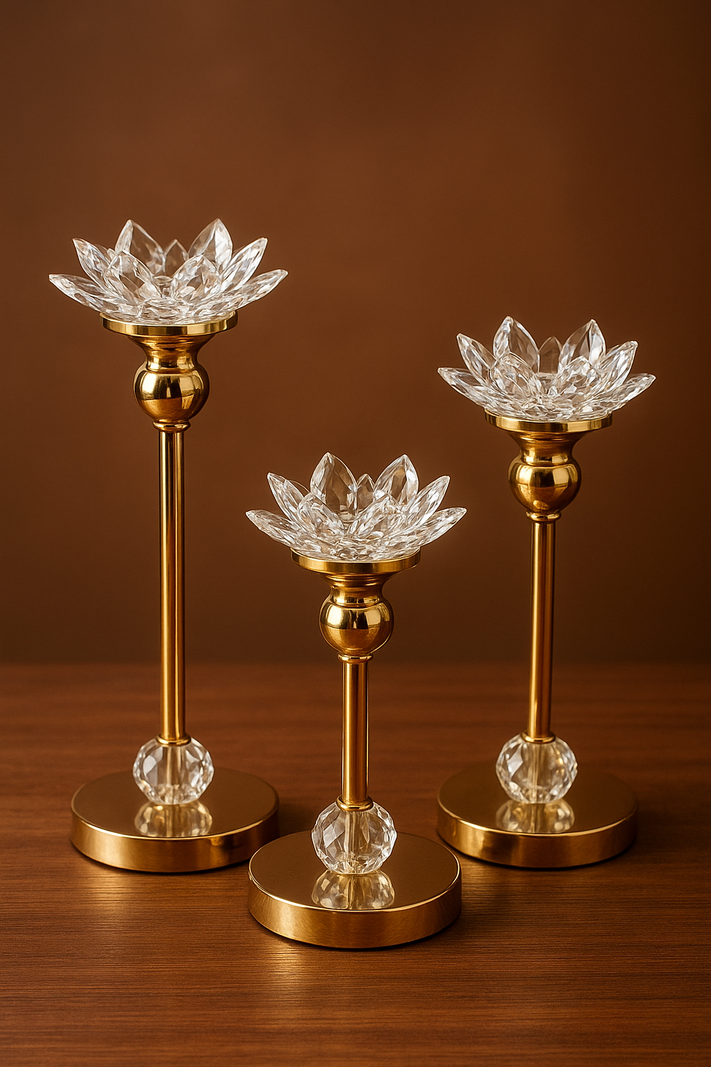 Golden Crystal Lotus Candle Holders – Elegant Decorative Centerpieces 3pcs