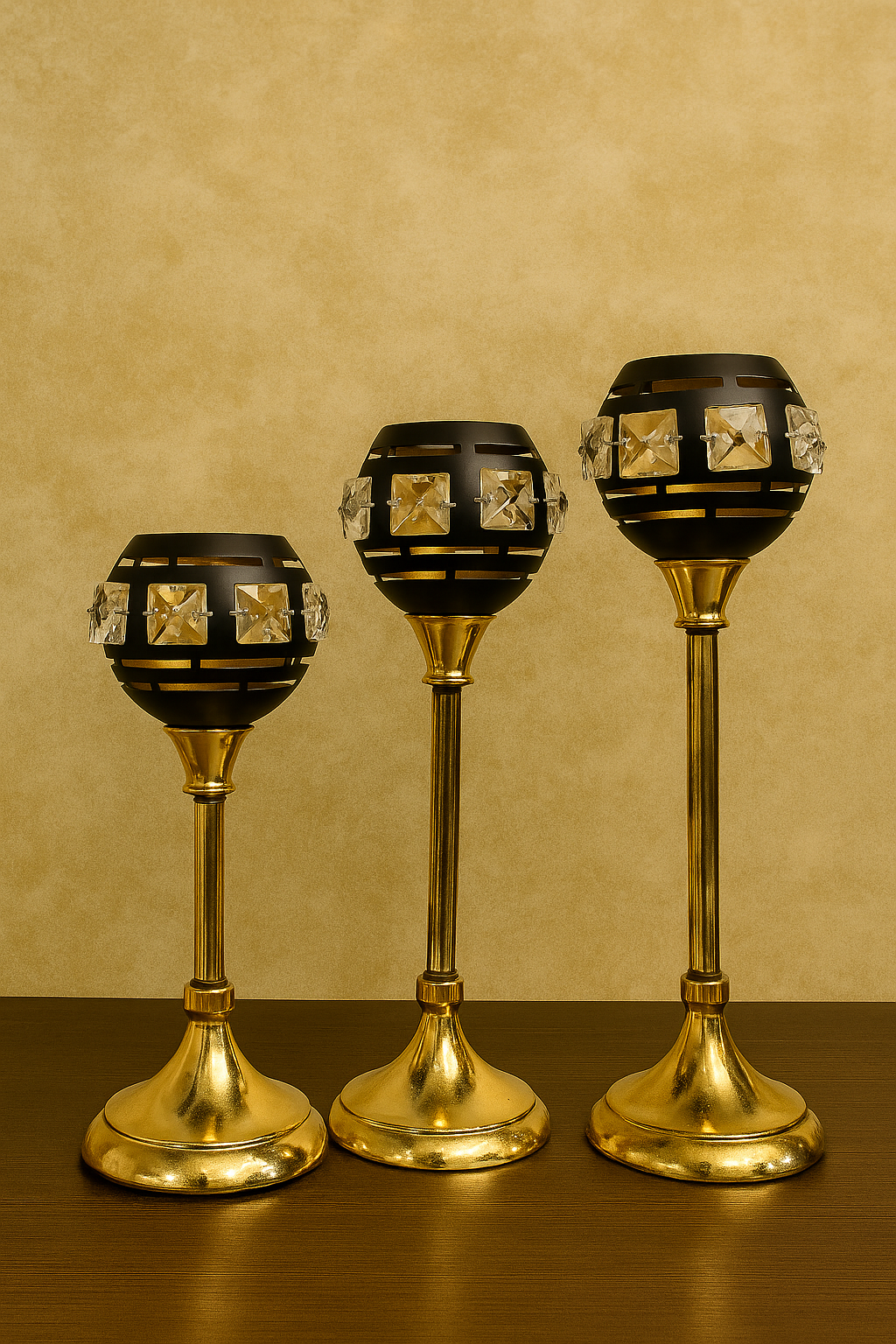 Elegant Black & Gold Crystal Candle Holder Set – Luxury Decorative Accent 3 Pieces