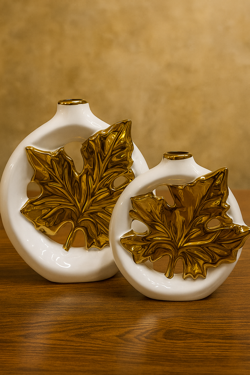 "Golden Leaf Ceramic Vase Set"