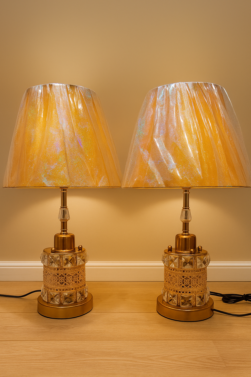 "Elegant Crystal Gold Table Lamps with Shimmering Shade"