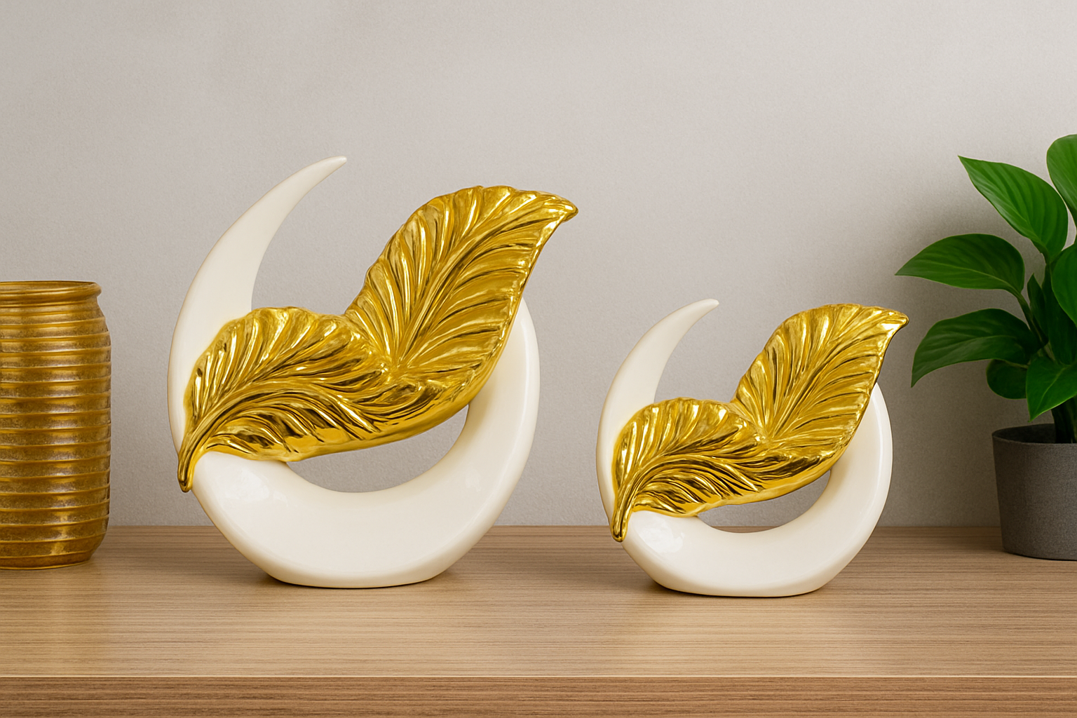"Elegant Golden Leaf Sculptures in Large and Small Sizes"