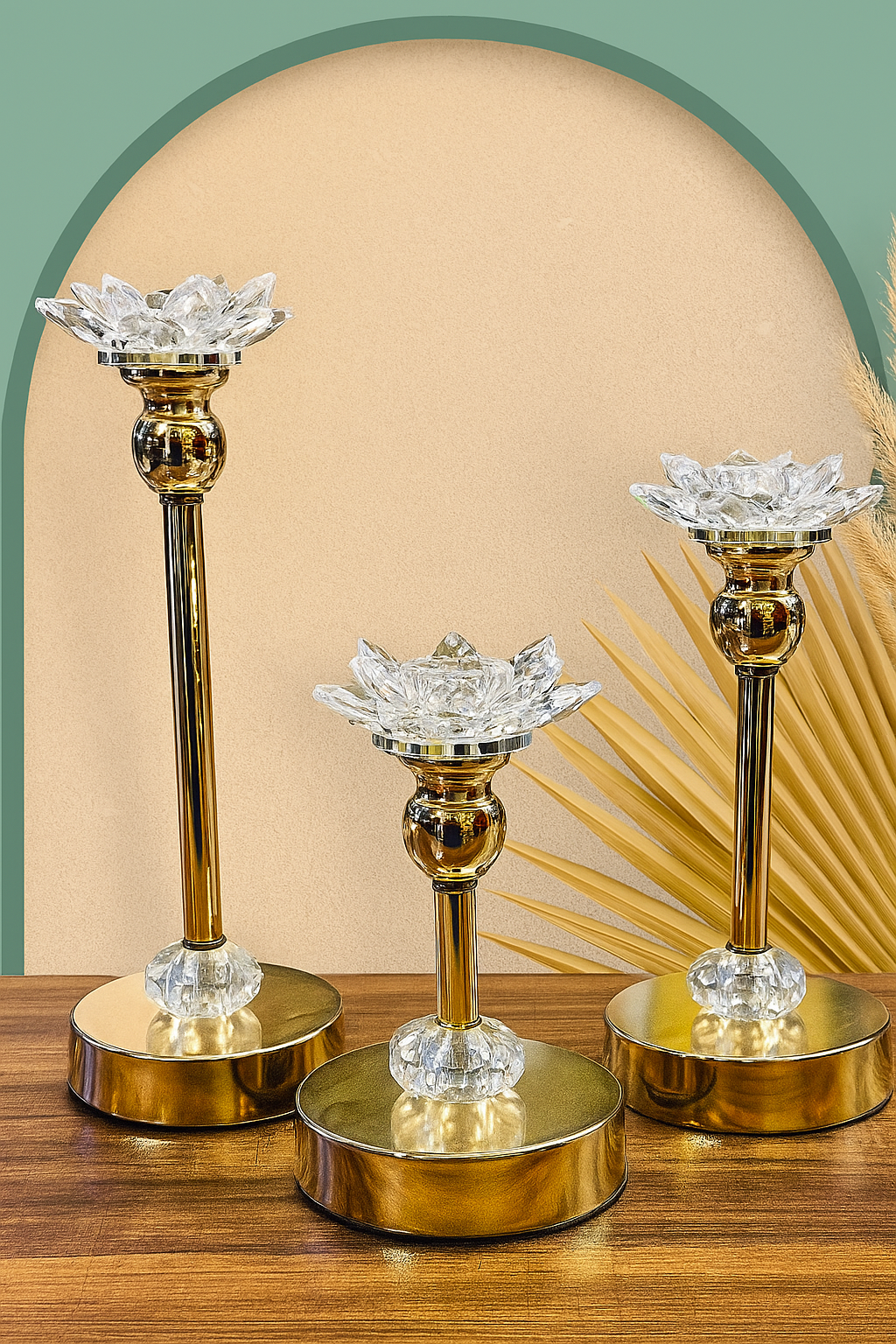 Golden Crystal Lotus Candle Holders – Elegant Decorative Centerpieces 3pcs