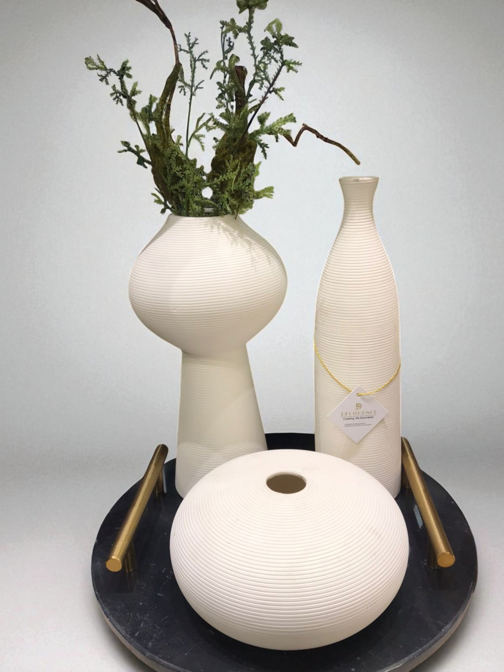 Minimalist White Ceramic Vase Set-Textured Ceramic Vases on a Decorative Tray