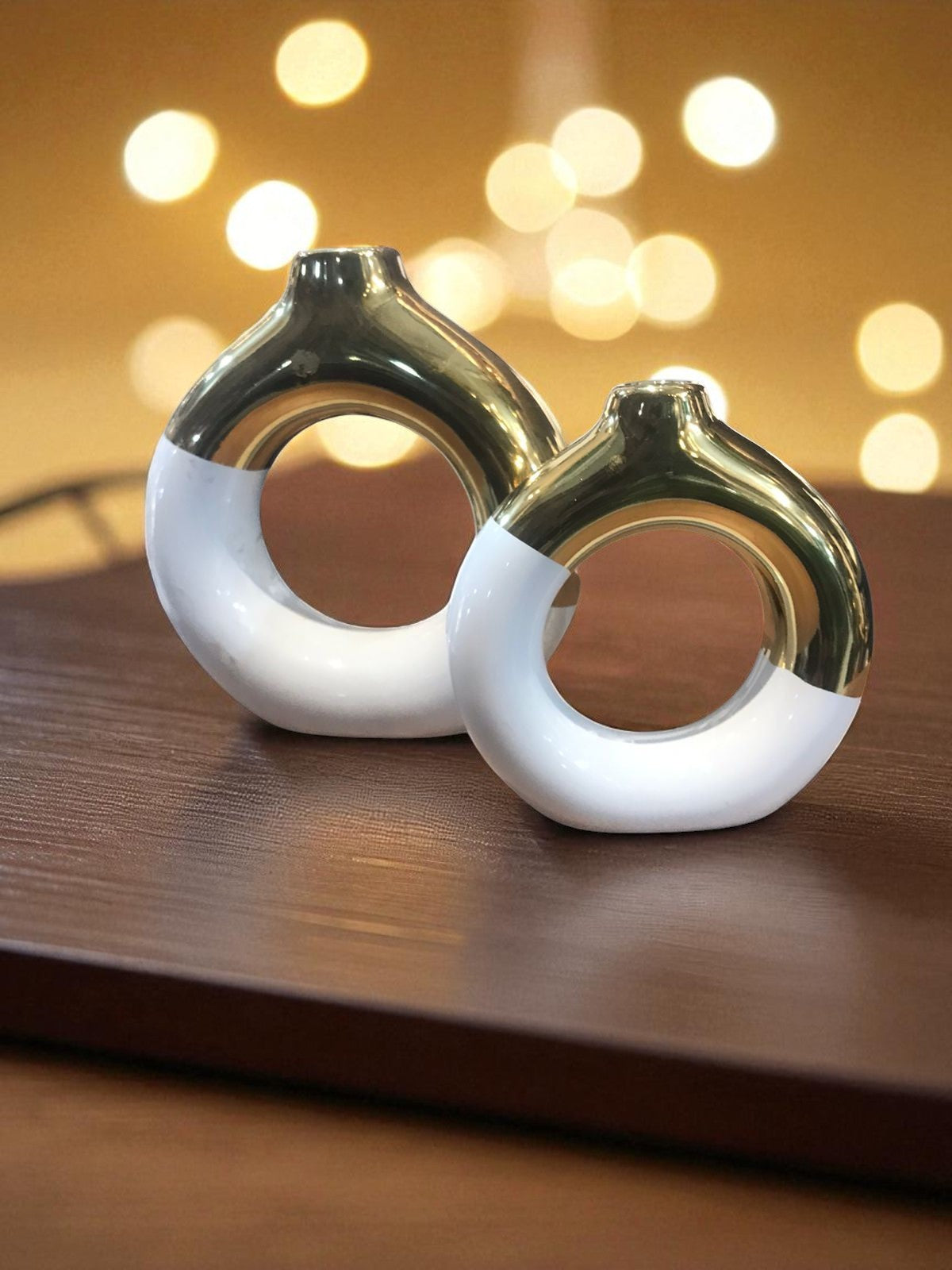 Modern Ceramic Donut Vases in White and Gold
