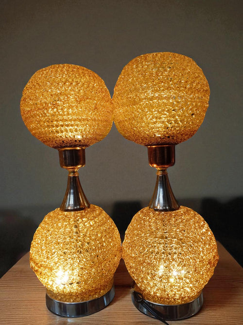 "  Pair of Double Ball Globe Amber Quilted Glass Parlor Ball Lamps"