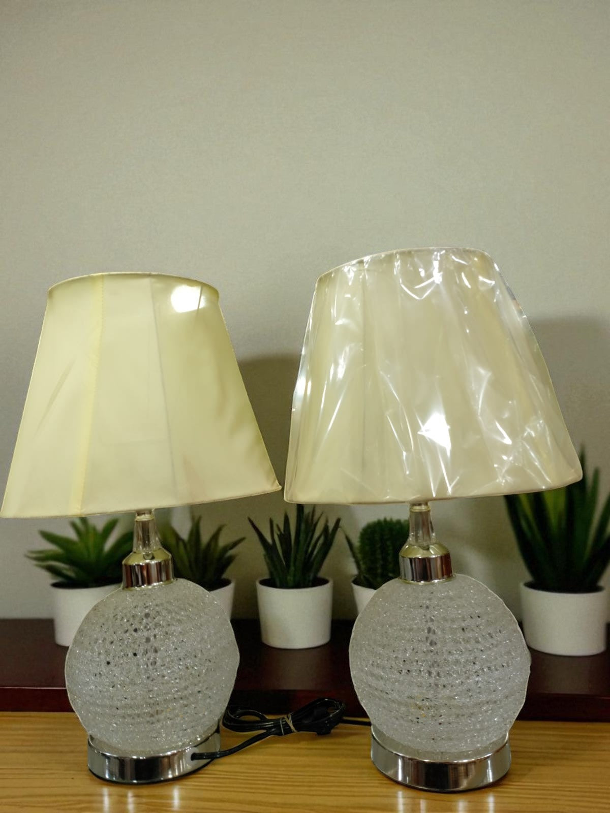 A pair of Elegant Textured Glass Table Lamps with Fabric Shades
