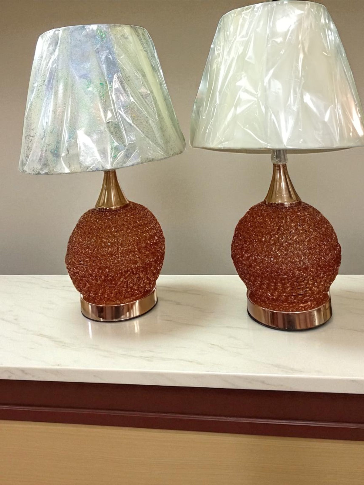 Elegant Table Lamps:  pair of Textured Glass & Metallic Accents